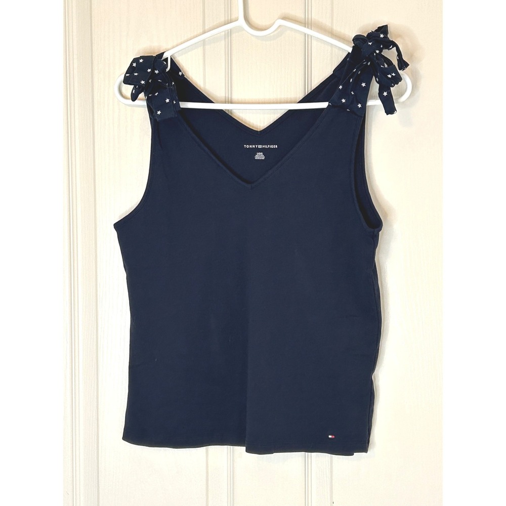 Tommy Hilfiger Women Navy Blue V Neck Tank Top Star Tie Shoulder Size L July 4th